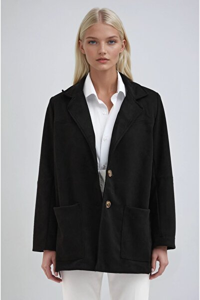 Lijuri Black Buttoned Basic Suede Blazer Jacket 6174