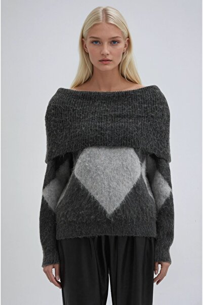 Lijuri Gray Baklava Patterned Madonna Collar Knitwear Sweater 1387