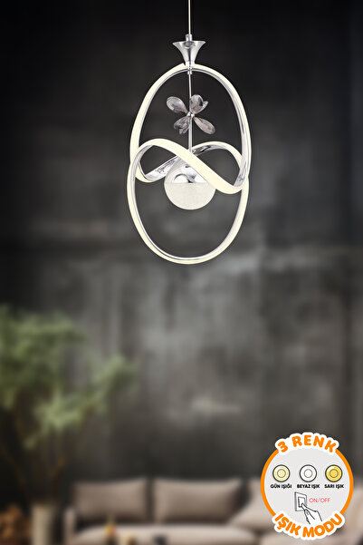 Dekorluna Leon Krom 3 Renk Işık Özellikli Modern Sarkıt Led Avize Salon Mutfa...