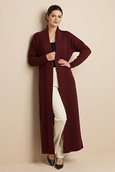 benguen Zigzag Patterned Long Knitwear Cardigan R4470 Claret Red
