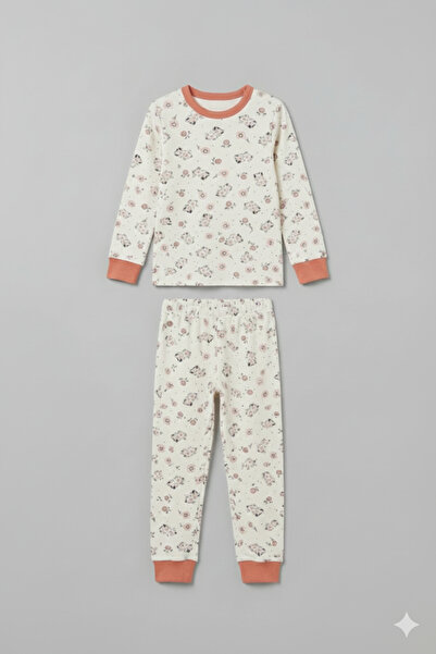 MADALİNA Σετ πιτζάμες για κορίτσια με μοτίβο λουλουδιών και γάτας 100% βαμβάκι