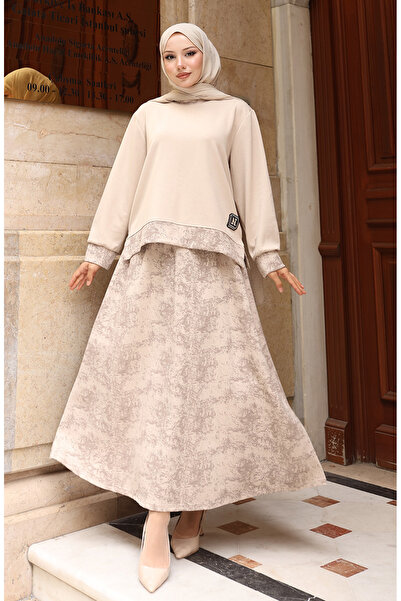 sefamerve Premium Fabric Patterned Skirt Hijab Suit 0218-02 Beige