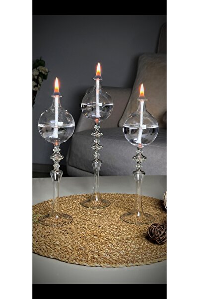 Genel Markalar Ayaklı Drops Düğmeli Şamdan Cam Kandil 3'lü Set Kandil Yağı Üçlü