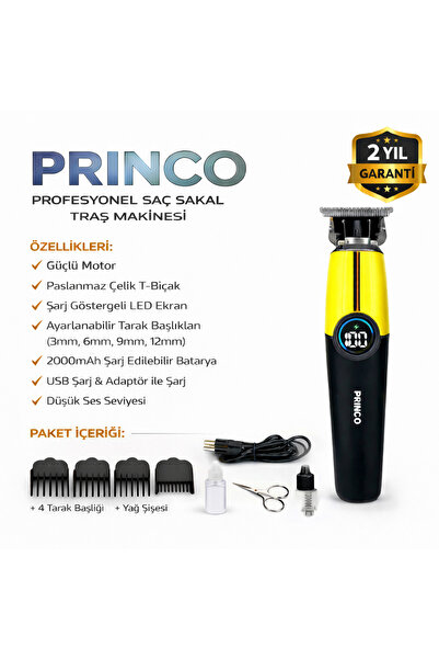 Princo ŞARJLI DOKUNMATİK SARI DİJİTAL EKRAN SAÇ SAKAL TIRAŞ MAKİNASI PR-650