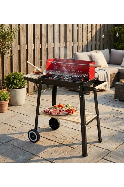 SAHARE شواية فحم محمولة من الفولاذ مع أرفف - شواية خارجية للحديقة مزودة بعجلا...