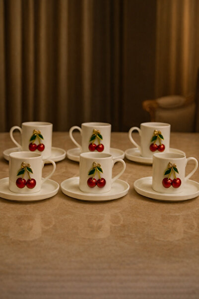 YzHome 6 Kişilik Beyaz Porselen Fenomen Kiraz Kahve Fincan Takımı Sunum Fincanı
