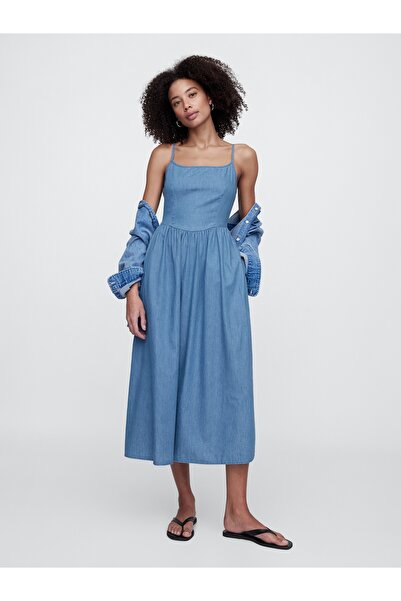 GAP Kadın Denim Mavi Denim Maxi Elbise