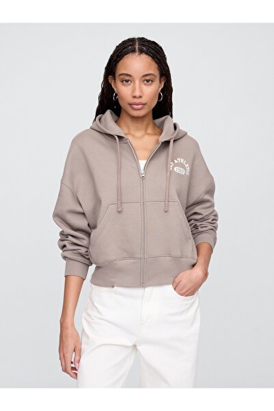 GAP Kadın Kahverengi Oversized Logo Grafik Fermuarlı Sweatshirt