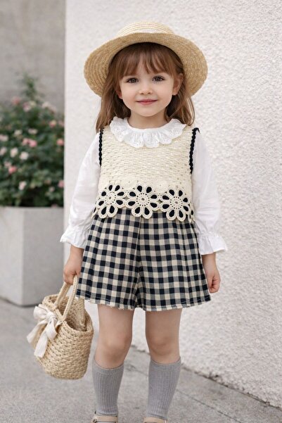 GÜL Baby Lace Flower Detailed Blouse and Plaid Shorts Skirt Girls' 3-Piece Set