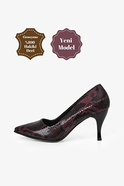 Grasyano Hakiki Deri Bordo Yılan Desenli Yumuşak Premium Deri Konforlu 7,5 Cm...