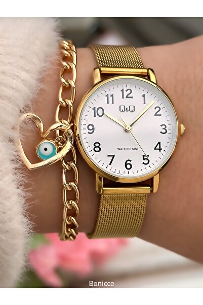 Q&Q حزام فولاذي أصفر ذهبي، علبة صغيرة، ساعة يد أنيقة + سوار