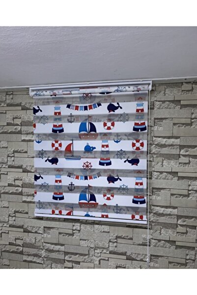 PERDECİNİZ Mavi Renk Deniz Feneri Baskılı Zebra Perde (ETEK KISMI DÜZ) ENXBOY