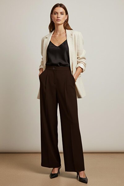 Puane Women's High Waist Wide Leg Fabric Trousers -18289Pnt - Brown