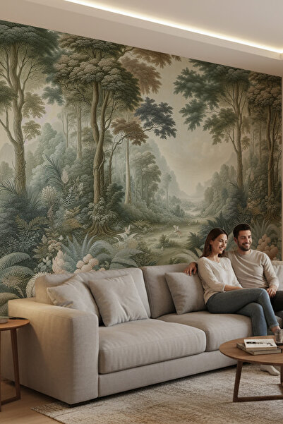 dreamwall Vintage Çizim Stilinde Yeşil Orman Desenli Duvar Kağıdı