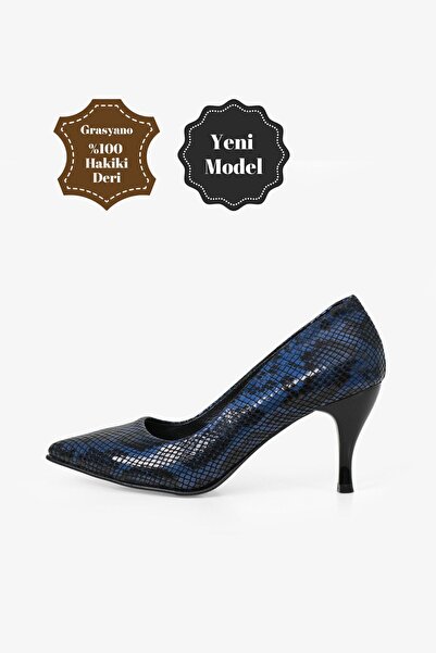 Grasyano Hakiki Deri Lacivert Yılan Desen Yumuşak Çok Konforlu Özel El Yapımı...