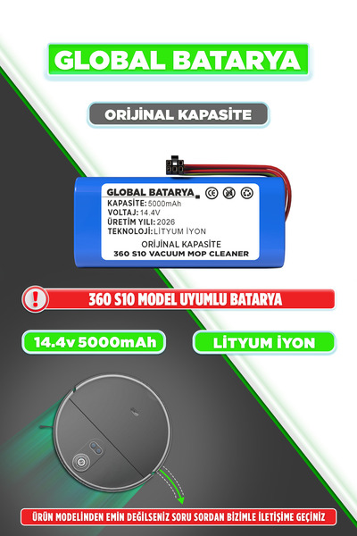GLOBAL BATARYA 360 S10 Mop Cleaner Uyumlu Robot Süpürge Bataryası 14.4v 5000m...