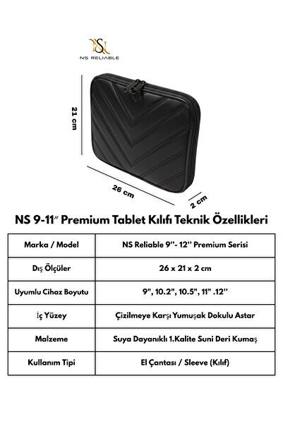 NS reliable NS 9-11 inç Suya Dayanıklı Laptop Tablet Kılıfı Darbe Koruyucu Fermuarlı Çanta (26x21x2 cm) - Siyah