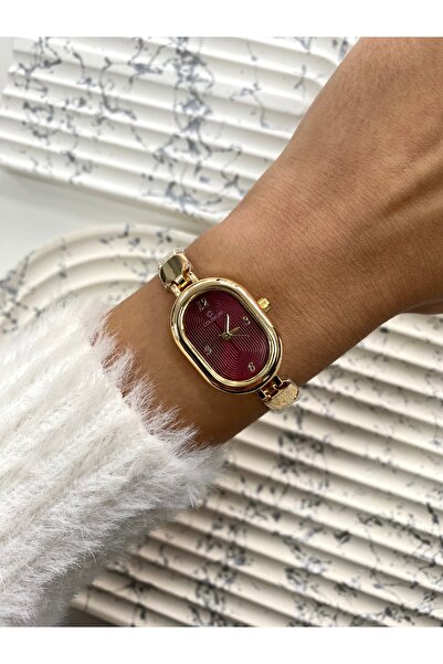 Mazzy Vintage Oval Gold İçi Bordo Kadın Kol Saati