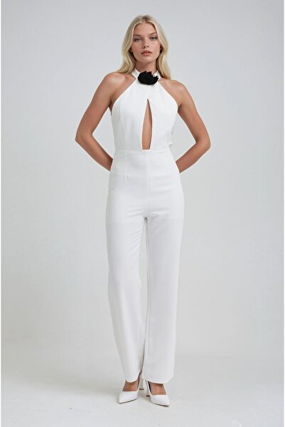 Lijuri Deep v-neck jumpsuit with rose detail and halter neckline 1379 r3-d-k2