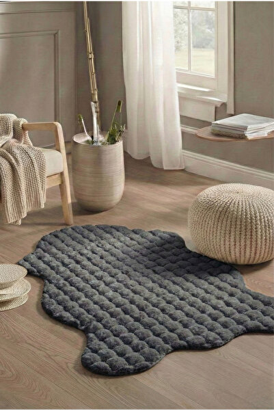 ECOSER Puffy Bubble Tavşan Tüyü Post Kaymaz Taban Yıkanabilir Antrasit Peluş ...