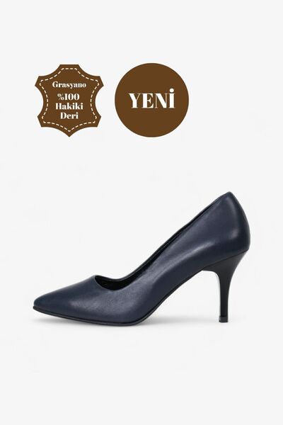 Grasyano Hakiki Deri Stiletto Lacivert Sivri Burun Yumuşak Deriden Sade Konfo...