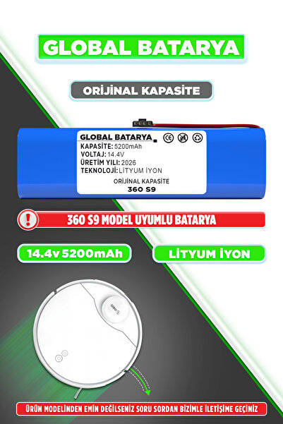 GLOBAL BATARYA 360 S9 Uyumlu Akıllı Robot Süpürge Bataryası 14.4v 5200mah Li-...