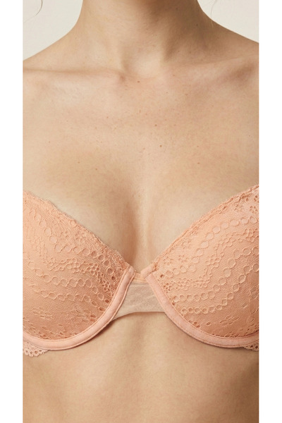 DE JUMO طقم حمالة صدر نسائية مبطنة وداعمة من الدانتيل بلون السلمون