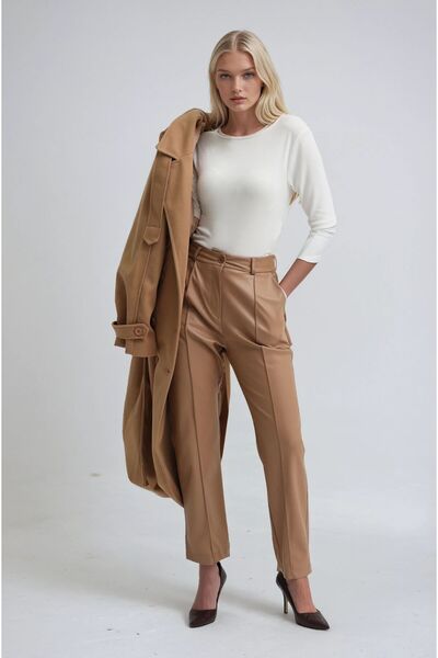 Lijuri Camel Ribbed Stitched Leather Trousers 0096 R7-A-K4