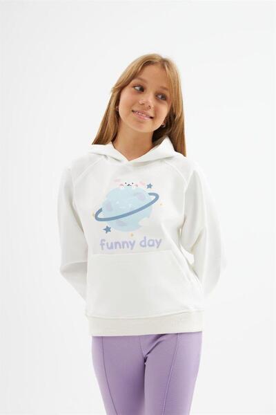 Hilal Akıncı Kids Girl's Design Printed White Sweatshirt Flared 2-Piece Set
