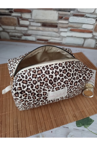 ÖZLEM HANDMADE حقيبة مكياج منقوشة بنقشة الفهد مقاس كبير