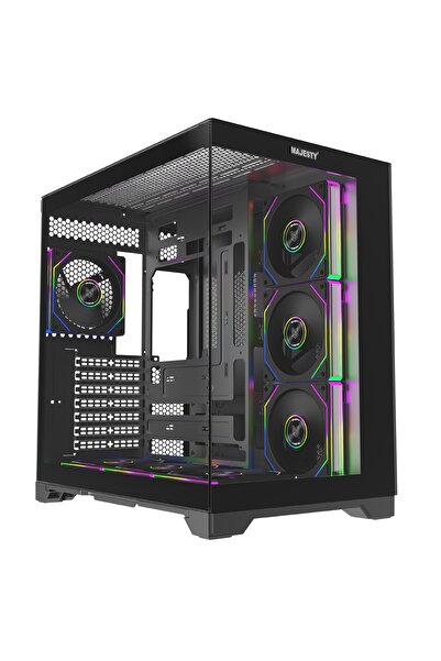 majesty صندوق كمبيوتر ميد تاور جلاكسي- 7 مراوح ARGB مع ريموت ، دعم ATX ، أسود