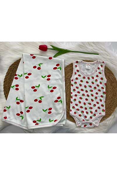 BİGÜMEX Ribbed Red Fruit Patterned Body & Zıbın and Blanket 2 Pcs