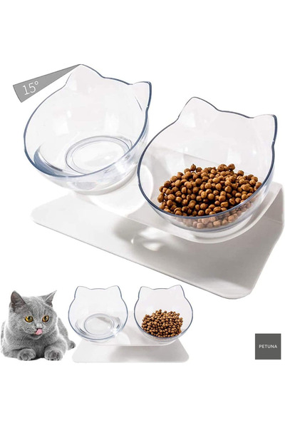 Genel Markalar İki Hazneli Kedi Kafalı Beyaz Standlı Kedi Mama ve Su Kabı 350 ML