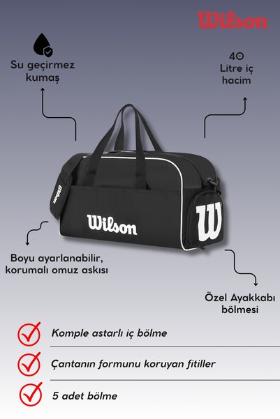 Wilson Licensed Unisex Waterproof 40 Liter Gym Sports Travel Bag Hand Luggage with Special Shoe Compartment