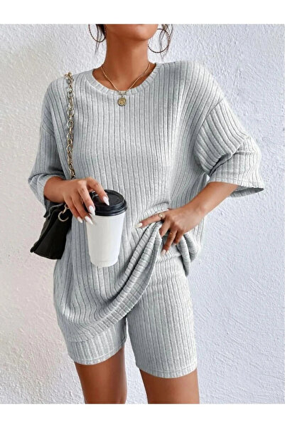 BİGÜMEX طقم علوي سفلي مع شورت محبوك بأكمام قصيرة، ليكرا