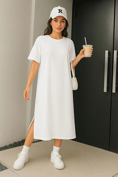 BİGÜMEX Γυναικείο φόρεμα με μακρύ υπερμεγέθη σχέδιο από ύφασμα μονόχρωμο