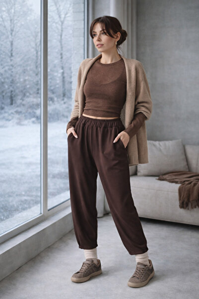 LUV STUDİOS CO Brown Elastic Waist Comfortable Fit Sports Pants