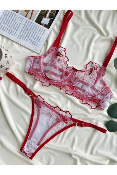 İNKO İÇ GİYİM Valentine's Day Gift Floral Underwire Red Capless Tulle Bra Set...