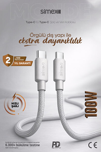 Simex 100W Type-C to Type-C Hızlı Şarj Kablosu | iPhone Samsung Xiaomi Uyumlu...