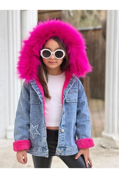 BERFONZO KIDS Kız Çocuk Kapşonlu Welsoft Kot Mont Ceket