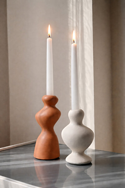 DOAHOMECONCEPT 2'li Asimetrik Dalgalı Şamdan Mumluk Biblo Terracota-Bej