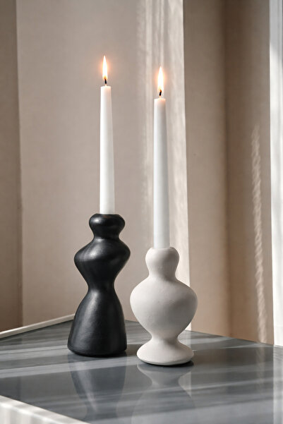 DOAHOMECONCEPT 2'li Asimetrik Dalgalı Şamdan Mumluk Biblo Siyah-Bej