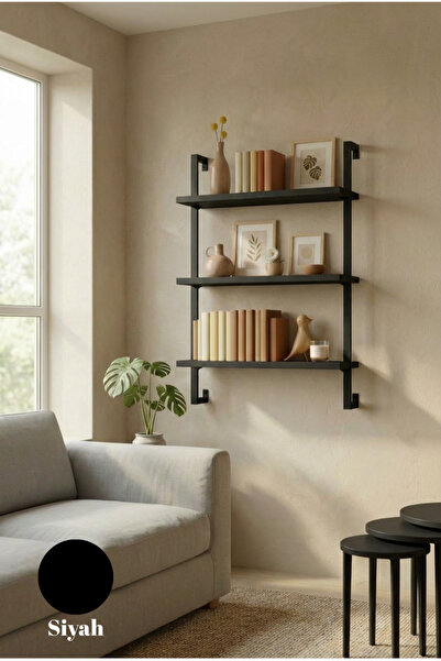 Euromob 3 Raflı Siyah Rengi Çok Amaçlı Kitaplık / Dekoratif Duvar Rafı – Kola...