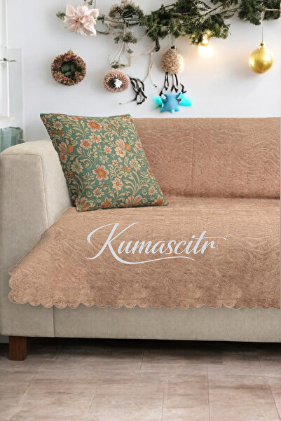 kumaşçıtr Koltuk Çekyat Örtüsü – Kaymaz Tabanlı Süngerli Kadife Kumaş Cappucc...