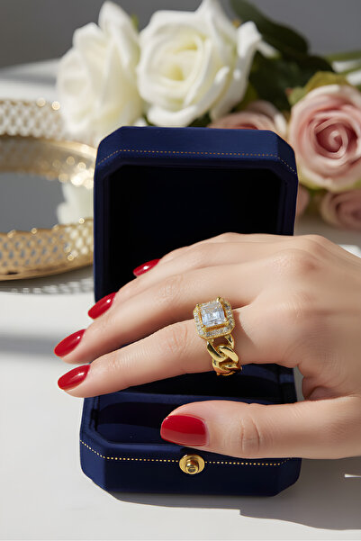 mosmoda Gold Dörtgen Baget Zincir Yüzük, Ayarlanabilir