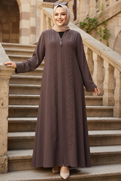 N.S NEVA STYLE Tesettür Ferace maro deschis cu broderie cu margele 29122AKH