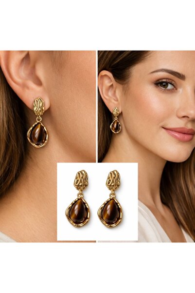 Goche YENİ Luxury Kaplan Gözü Taşlı Gold Sallantılı Küpe – Şık ve Doğal Görün...