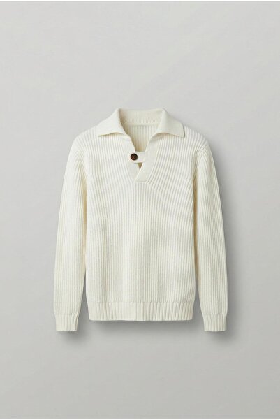 ablukaonline Men's Oversized Button Striped Sweater Ecru