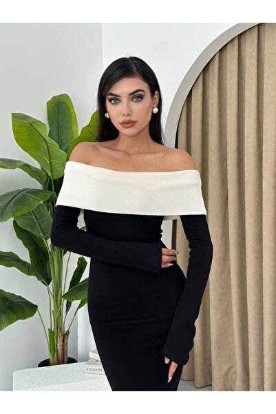 Afiş Butik تريكو أسود عاري الكتفين بياقة بيضاء فستان طويل