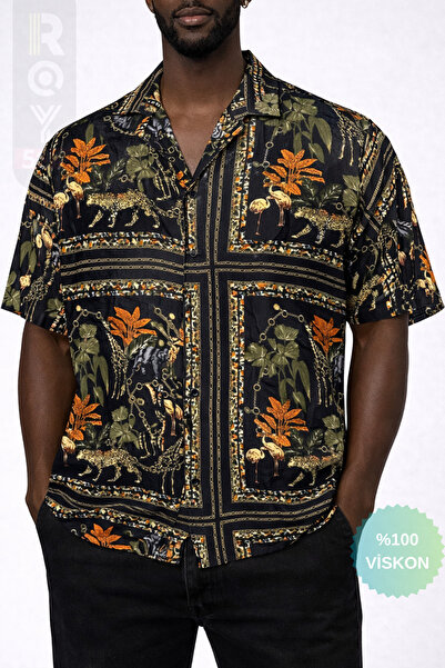 ROY501 Ανδρικό κοντομάνικο πουκάμισο Elephant Leopard Print Κοντομάνικο πουκά...